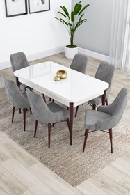 Resim Canisa Kar Serisi 80x132 Açılabilir Mdf Ceviz Ayaklı Beyaz Mutfak Masası Takımı 6 Gri Sandalye 