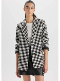 Resim DeFacto Oversize Geniş Kalıp Ceket Yaka Düğmeli Tweed Desenli Blazer Ceket V2814AZ24AUBK81 Siyah 