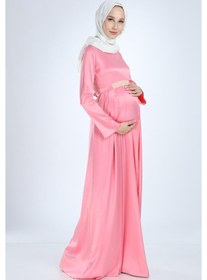 Resim Moda Labio Modalabio Saten Tesettür Incili Pembe Hamile Elbise 