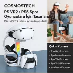 Resim Cosmostech PS5 VR2 Hızlı Şarj İstasyonu - Kulaklık Ve VR Gözlük Aparatlı Sanal Gerçeklik Gözlüğü Uyumlu Şarj Standı 