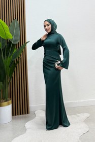 Resim Tarzım Tuba Premium Yeşil Zara Saten Drapeli İspanyol Kol Tesettür Abiye 