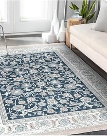 Resim RealHomes Mavi Zemin Uşak Motifli Antik Desenli Etnik Motifler Vintage Oturma Odası Kaymaz Taban Saçaklı Halı HaliDik-Deluxe-11509, 80 x 300 