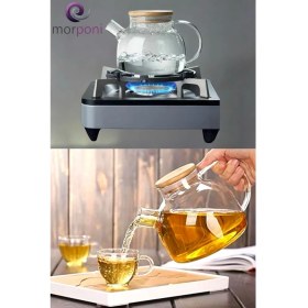 Resim Mediterian Bambu Kapaklı 1000 ml Şeffaf Cam Çay Demliği, Isıya Dayanıklı ve Şık Tasarım 