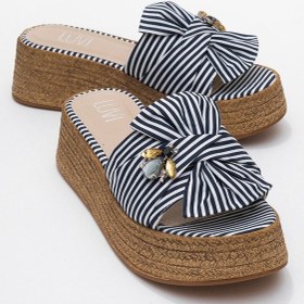 Resim Luvi Shoes Shara Lacivert Beyaz Çizgili Fiyonklu Arı Tokalı Dolgu Tabanlı Kadın Terlik Lacivert - Beyaz 