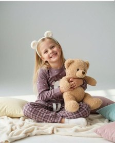 Resim Kız Çocuk Pamuklu Ekose Desenli Ayıcıklı Pijama Takımı-16826 Mor 