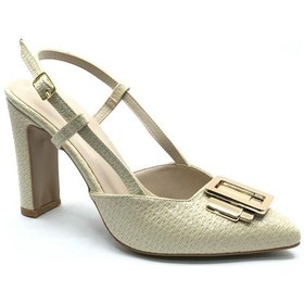 Resim Feles Toka Detaylı Kalın Ökçe Arkası Açık Stiletto Kadın Topuklu Ayakkabı Ten 