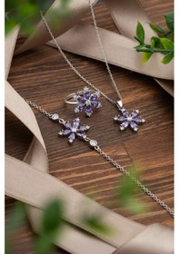 Resim 925 Ayar Ametist Taşlı Rodyum Lotus Çiçeği 3'lü Gümüş Set Gümüş 