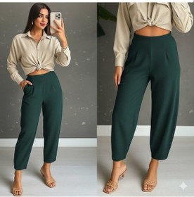 Resim Efnaz Style Kadın Yüksek Bel Krep Pantolon Yeşil 