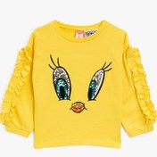 Resim Kız Bebek Tweety Lisanslı Pullu Pamuklu Bisiklet Yaka Fırfırlı Sweatshirt 