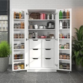 Resim ZEYTUNHOME 165 Derece Açılabilir 2 Kapaklı, 6 Çekmeceli, Kavanoz Raflı Kiler ve Erzak Mutfak Dolabı (BEYAZ) 