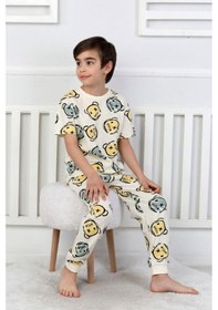 Resim Erkek Çocuk %100 Pamuk Baskılı Pijama Takımı Kısa Kollu, Sevimli Desenler Bej 