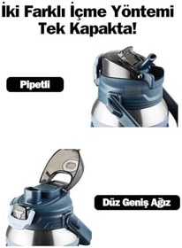Resim TKK Büyük Boy 1000ml Pipetli/Pipetsiz Kullanım Askılı Paslanmaz Çelik Termos Matara (Lacivert) 