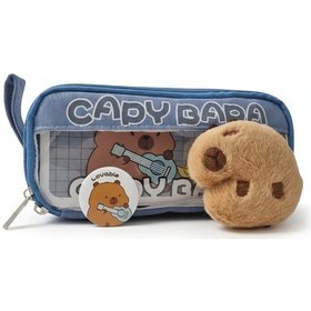 Resim Capybara Desenli Geniş Leke Tutmaz Kalemlik - Peluş Bir Broş Ve Peluş Oyuncak Hediyeli Mavi 