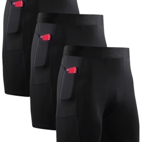 Resim 3'lü Erkek Sıkıştırma Şortu Cebi ile, Polyester-Spandex Karışımı, Yüksek Esneklikli Örgü Kumaş, Düz Renk, Dar Kesim, Spor Stil, Koşu ve Egzersiz için, Dört Mevsim, Kemere gerek yok 