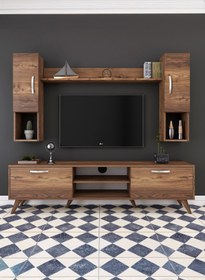 Resim Rani Mobilya Rani A9 Raflı Tv Ünitesi Tv Sehpası Duvara Monte Raflı Modern Ayaklı 180 Cm Minyatür Ceviz M27 
