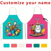 Resim 1 adet Özel Adlı Sanatsal Boya Fırçaları ve Palet Tasarımı Önlük - Polyester, Canlı Mavi ve Pembe, Mutfak, Restoran veya Ev Dekoru için Mükemmel, İdeal Tatil Hediyesi, Mutfak Önlüğü | Canlı Önlük | Polyester Önlük 