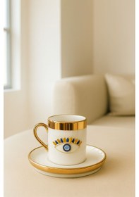 Resim 2 Kişilik Porselen Lüks Platin Kaplama Nazar Göz Kahve Fincan Takımı Seti 100ml Altın - Beyaz 