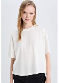Resim DeFacto Coool Loose Fit Bisiklet Yaka Basic Düz Kalın Kumaş Kısa Kollu Beyaz Tişört E0291AX25SMWT32 