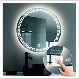 Resim Dnr-Mirror90 Cm Beyaz Ledli Tasarım Kumlamalı Dokunmatik Tuşlu Banyo Aynası Makyaj Aynası Işıklı Ayna 