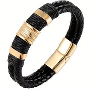 Resim Erkekler için Çift Katmanlı Örgülü Suni Deri Bileklik Paslanmaz Çelik Aksanlı - Siyah Örgülü Suni Deri & Altın Tonlu Metal, Günlük ve Resmi Kıyafetler İçin Retro Modern Tasarım, Şık İşçilik, Çağdaş Takı, Dayanıklı Bilezik, Üniseks Bilezik, Şık Erkekler 