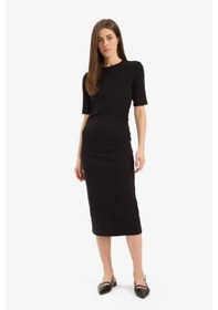 Resim DeFacto Bodycon Vücudu Saran Bisiklet Yaka Basic Düz Ribana Kısa Kollu Midi Elbise E6003AX25SPBK81 