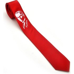 Resim Atatürk Portre Ve İmza Baskılı Slim Fit Saten Kırmızı Kravat - Ak-08 Kırmızı 