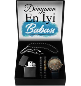 Resim Apollon Gift Babalar Gününe Özel Tasarım Kutu & Suni Deri Saat & Ikili Bileklik & Zippo Model Çakmak & Tesbih 