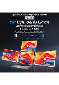 Resim Npo Npm788 16" Fhd 1200p Ips Type-c Taşınabilir 3'lü Monitör Çoklayıcı Standlı Notebook Monitör 