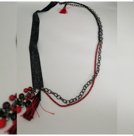 Resim Glamglamour Kırmızı Siyah Boncuklu Püsküllü Uzun Bayan Kolye Sarı 