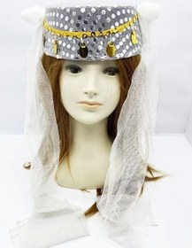 Resim Beyaz Duvaklı Altın Pul İşlemeli Kına Fesi Kına Şapkası Oryantal Şapkası Lisinya 