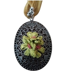 Resim Hardal Otantik Iğne Oyası Çiçek Motifli Oval Şifon Kolye Gri 