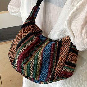 Resim Tribal Stil Tuval Omuz Çantası, Katlanabilir Çapraz Vücut ile Fermuar Kapatma, Çizgili Desen, Ulusal Bayrak Teması, Elde Yıkama, Kenar Boyalı Astar 