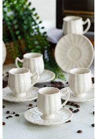 Resim Heda Porselen Lale 12 Parça 6 Kişilik Porselen Kahve Fincan Takımı Kırık Beyaz 