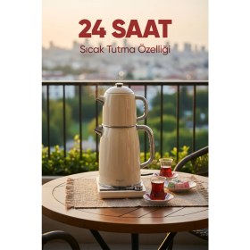 Resim Fressi Dijital Çay Makinesi 2 In 1 Krem Renkli Çelik 0,8 L Demlik ve 1,8 L Su Isıtıcısı 