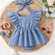 Resim Kızlar için Yaz Mavi Volanlı Kollu Tulum, Sahte Düğme Yaka ve Puf Kollu, Dış Mekan Seyahati için Rahat Düz Renkli Polyester %100 Dokuma Elbise 