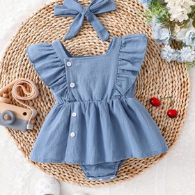 Resim Kızlar için Yaz Mavi Volanlı Kollu Tulum, Sahte Düğme Yaka ve Puf Kollu, Dış Mekan Seyahati için Rahat Düz Renkli Polyester %100 Dokuma Elbise 