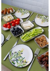 Resim 14 Parça 6 Kişilik Seramik Kahvaltı Takımı Zeytin Desenli Yuvarlak Kahvaltı Seti Beyaz - Yeşil 