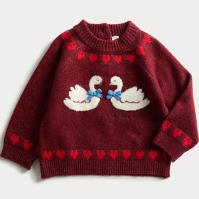 Resim Örme Kuğu Desenli Bebek Kazak (0-3 Yaş) - Bordo / 9-12M 