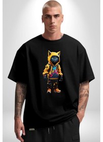 Resim Spor Eşofman Takımı Sarı Kedi İnsan Pamuklu Bisiklet Yaka Unisex Oversize Boyfriend Dijital Baskılı Siyah T-shirt Siyah 