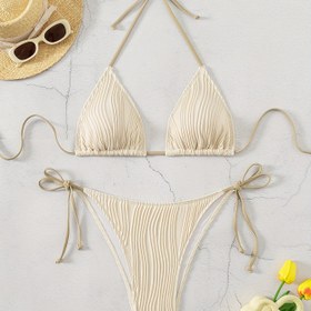 Resim Bej Renkli Kadın Üçgen Bağcıklı Bikini Takımı 