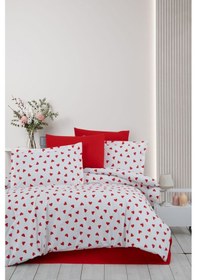 Resim Çift Kişilik Çarşaflı Nevresim Takımı Pamuklu 4 Parça Desenli Kalpli Kırmızı-beyaz 