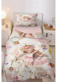 Resim Peri Kız Unicorn Masalı Tek Kişilik Çocuk Nevresim Seti Pembe 