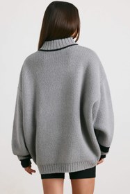 Resim Heather Gri Büyük Beden Çeyrek Fermuarlı Kalın Örgü Kazak - S/M 