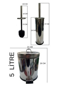Resim Paslanmaz Lüx Krom Banyo Seti - 5 Litre Pedallı Çöp Kovası Ve Wc Tuvalet Fırçası Takımı Krom 