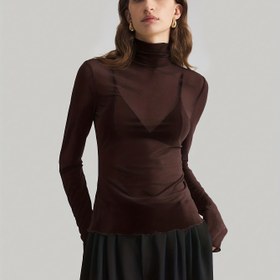 Resim 2025 Sonbahar/Kış Yeni Şık Dik Yaka Düz Renk File Dar Kesim Uzun Kollu Günlük Giyilebilir Kadın Üstü 