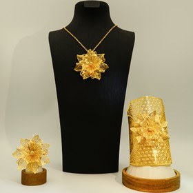 Resim 3 Parça En Son Orta Doğu Modası Lüks Yüksek Kalite 24K Altın Kaplama Yeni Kadın Çiçek Takı Seti, Kolye Küpe Yüzük Seti, Üçü Bir Arada Kullanım: Günlük Giyim için Kolye, Broş, Eşarp İğnesi Olarak Kullanılabilir, Ramazan Aksesuarları, Düğünler, Partiler, Her Gün ve Bayramlar İçin Uygun 