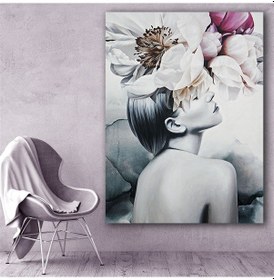 Resim Gri Tonlu Çiçek Başlı Kız Kanvas Tablo 