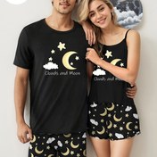 Resim Erkek/Kadın Çift Tarzı Pijama Takımı, Erkekler/Kadınlar için Yıldız ve Ay Baskılı Kısa Kollu Şortlu Ev Giyimi 