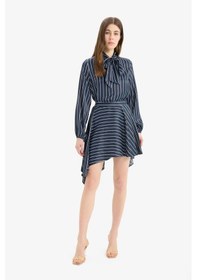 Resim DeFacto Asimetrik Çizgili Yüksek Bel Saten Mini Etek E7265AX25SPNV235 Lacivert 