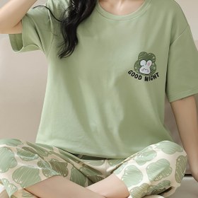 Resim Kadınlar için Rahat Yaz Karikatür Tavşan Baskılı Pijama Takımı - Kısa Kollu Yaka Üstü "İyi Gece" Tasarımı, Bol Kesim, Elastik Capri Pantolon, Hafif Polyester Karışımı, Yetişkinler için Rahat Konfor Giyim, Rahat Fit Pijama | Eğlenceli Baskılı Üst | Rahat Kumaş, Tavşan Kulaklı Aksesuarlar 
